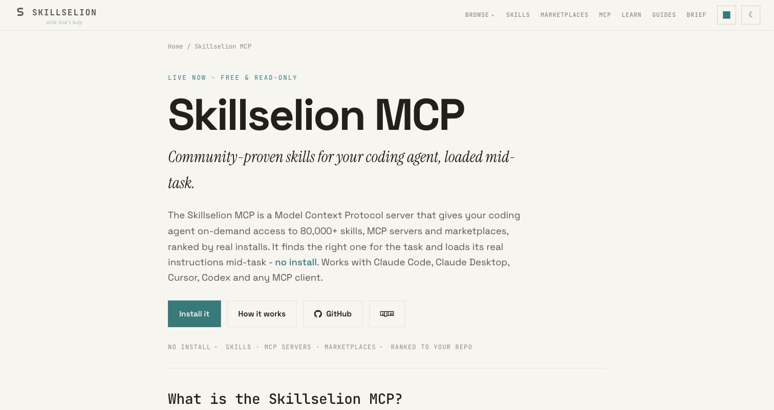 Página del MCP de Skillselion: skills cargadas en mitad de la tarea, sin instalación